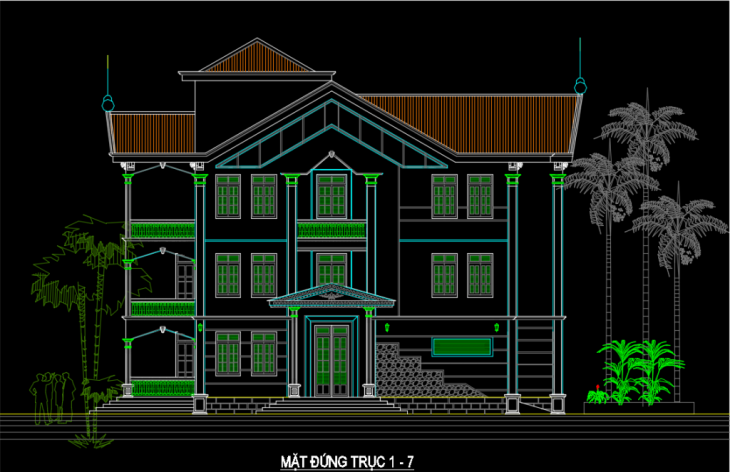 File Cad – Nhà biệt thự 3 tầng 19.5×16.5m