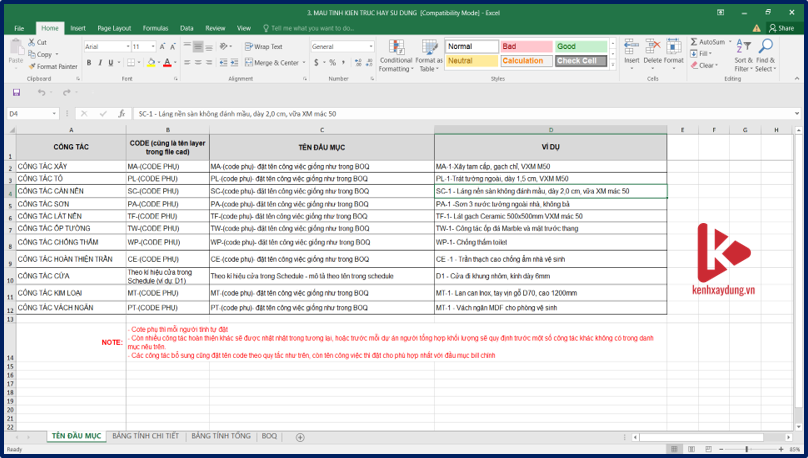 [Excel] Mẫu tính khối lượng thường dùng