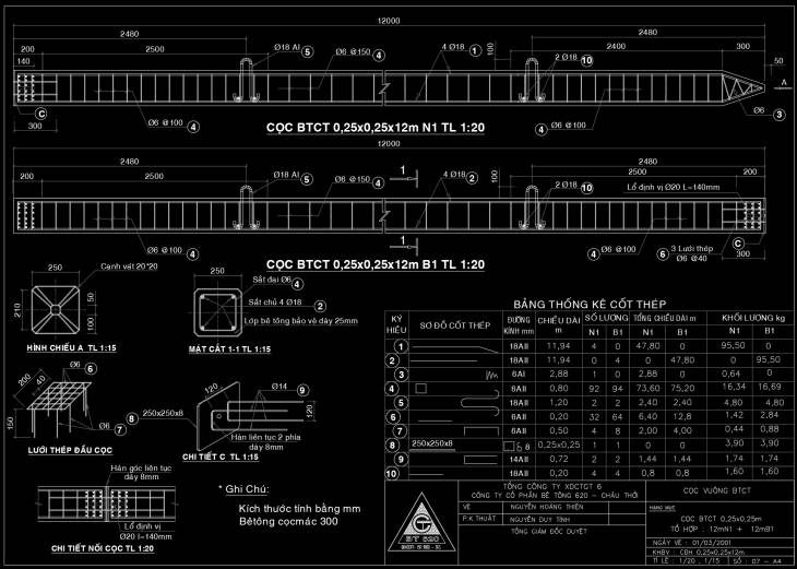 File cad thiết kế cọc BTCT tiết diện 25x25x12m