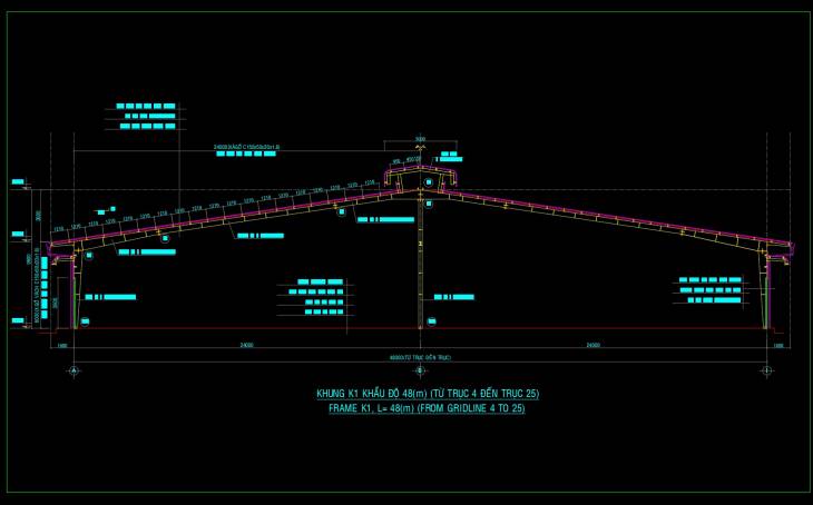 Bản vẽ thiết kế nhà xưởng nhịp 48m có cột giữa