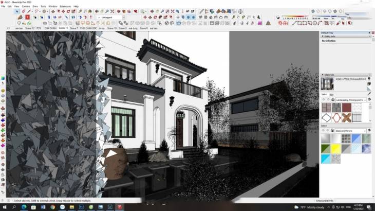 Miễn phí thiết kế sketchup 20 + vray 5 bao cảnh nhà phố 3 tầng và hồ cá koi