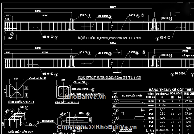 File cad thiết kế cọc BTCT tiết diện 25x25x12m lớp bê tông dày 25mm