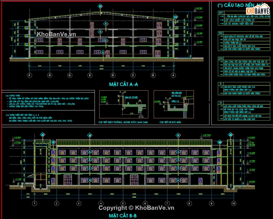 File cad bản vẽ nhà xưởng Điện tử 4 tầng kích thước 68x90m