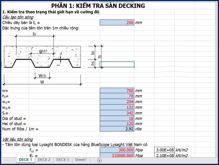 Tính thép sàn liền hợp