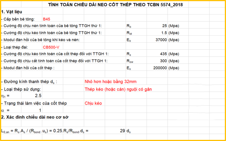 Tính chiều dài neo cốt thép theo TCVN 5574-2018