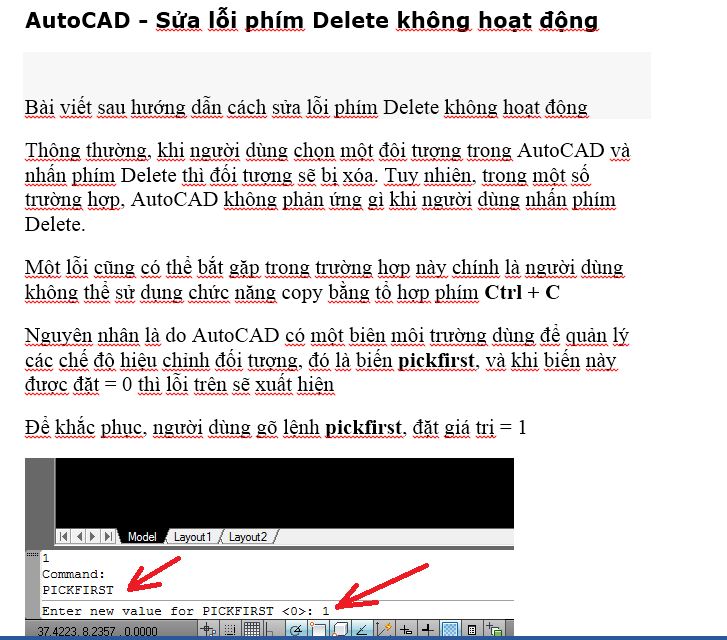 Sửa lỗi phím Delete không hoạt động trong autocad