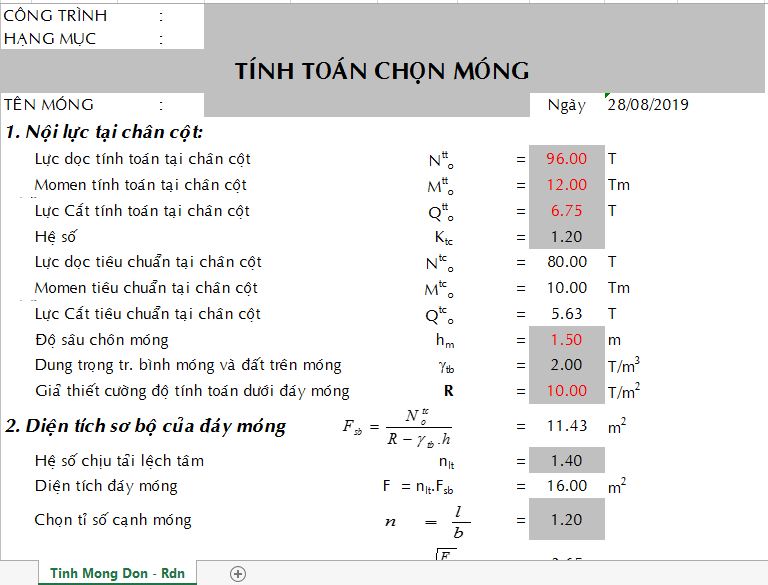 Bảng tính excel móng đơn