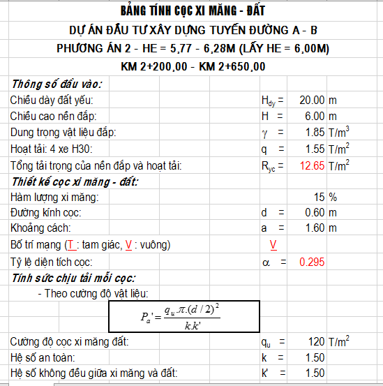 Bảng tính cọc Xi măng – Đất