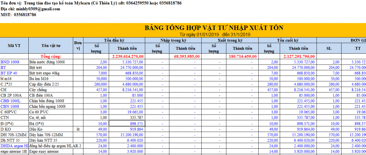 File excel theo dõi nhập xuất tồn kho