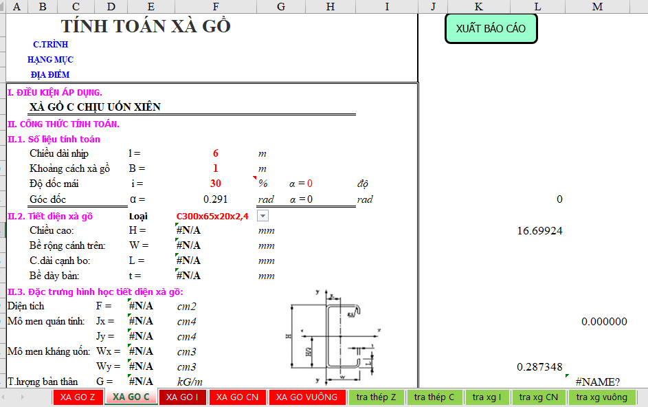 Bảng tính xà gồ thép Z, C, I, CN