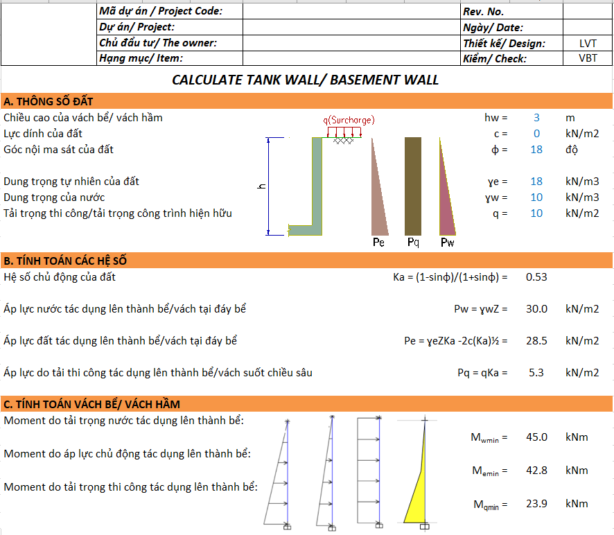 Bảng excel tính toán bể nước ngầm