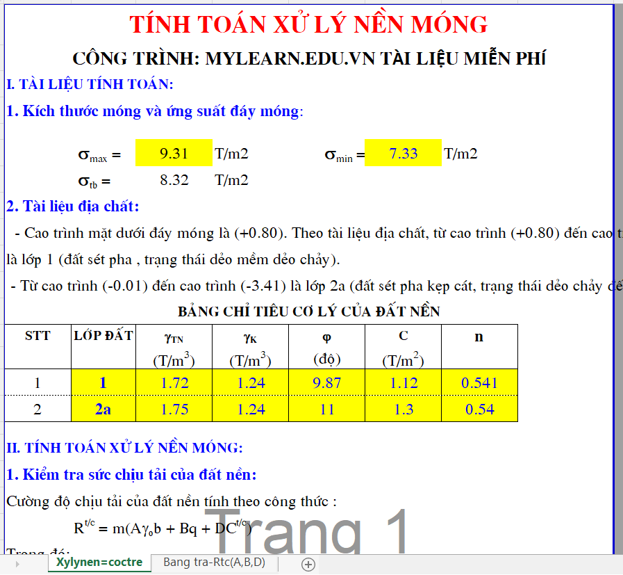 Bảng tính xử lý nền đất yếu xử lý móng công trình bằng cọc tre , cọc tràm