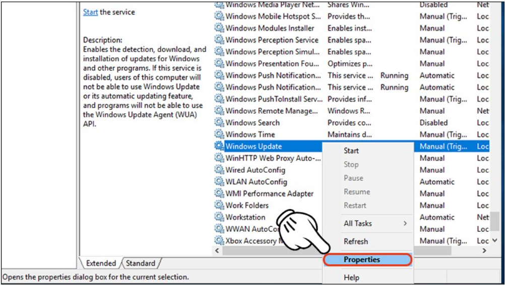 Nhấp chuột phải vào Windows update và chọn Properties