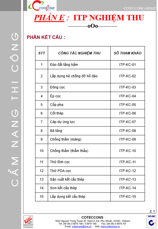 Cẩm nang thi công – Phần E: ITP nghiệm thu – Conteccons