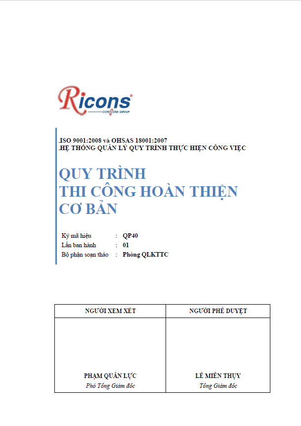 Quy trình thi công hoàn thiện cơ bản Ricons