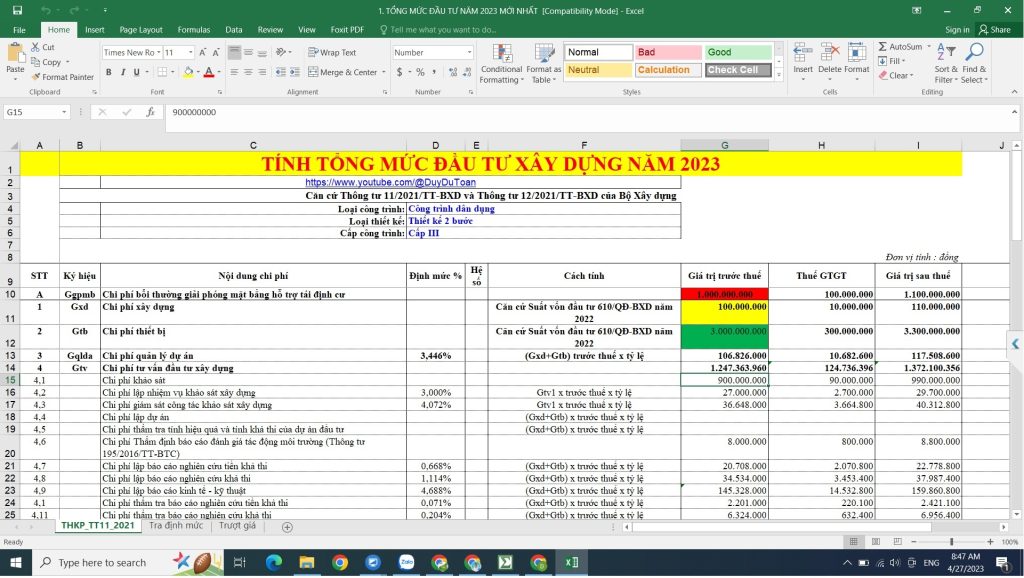 File excel tính tổng mức đầu tư cho các loại công trình