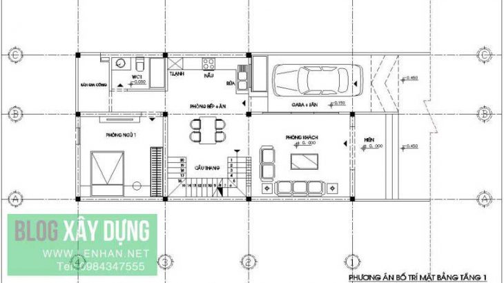 bố trí mặt bằng tầng một nhà ống 1,5 tầng đẹp